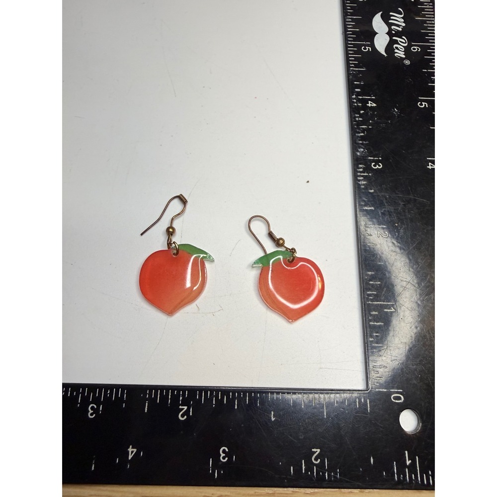 Peach Fruit Drop Earrings Translucent Orange Resin Charms Bronze Tone Hooks
